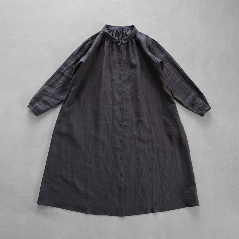 オールドレピアリネン前開きロングワンピース（チャコールグレー