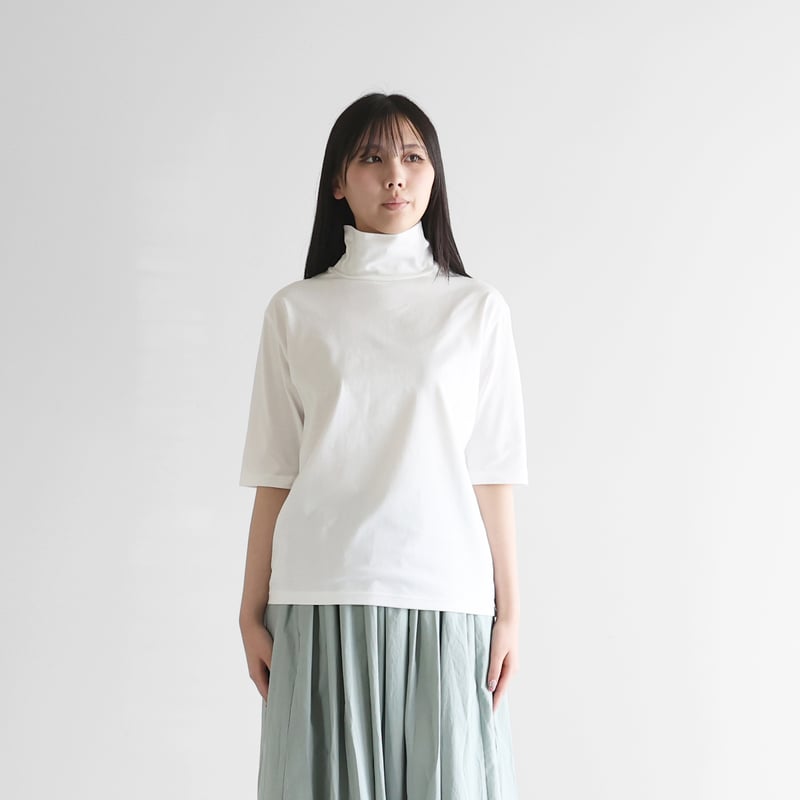 HUIS in house］SUVIN COTTON5分袖タートルネックカットソー（白）【レ
