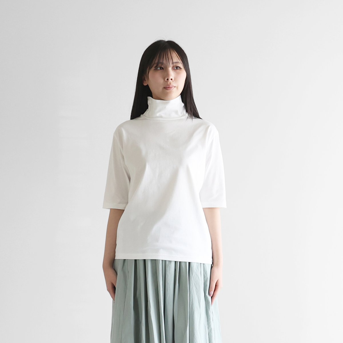 HUIS in house］SUVIN COTTON5分袖タートルネックカットソー（白）【レ