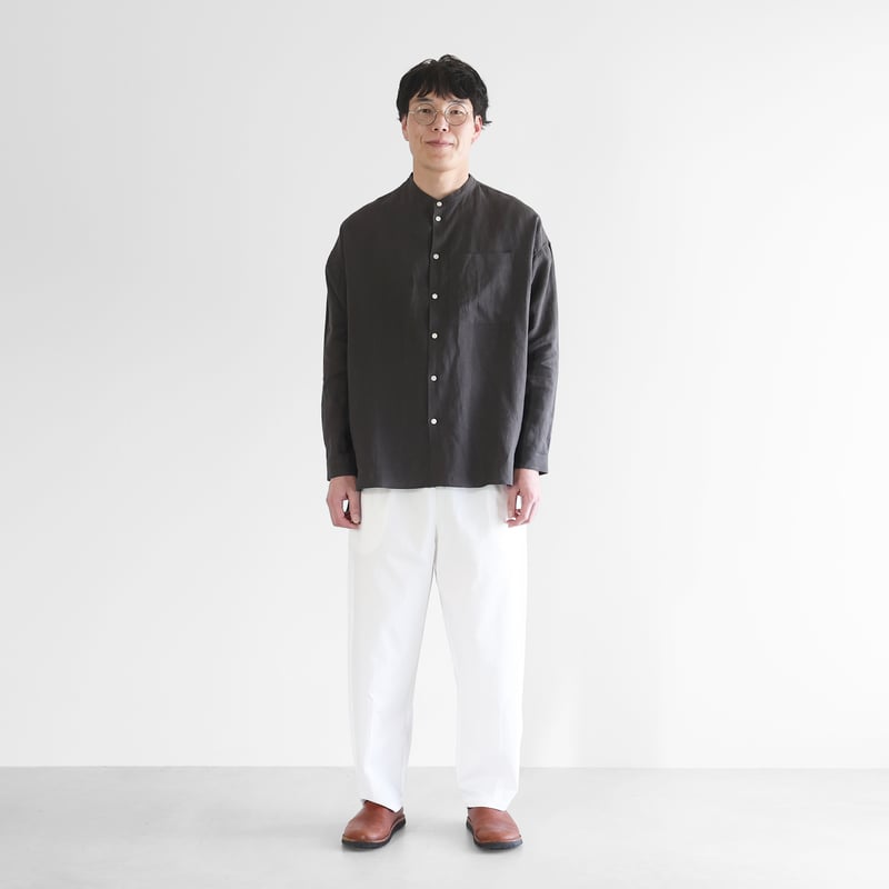 オールドレピアリネンバンドカラーオーバーシャツL（チャコールグレー