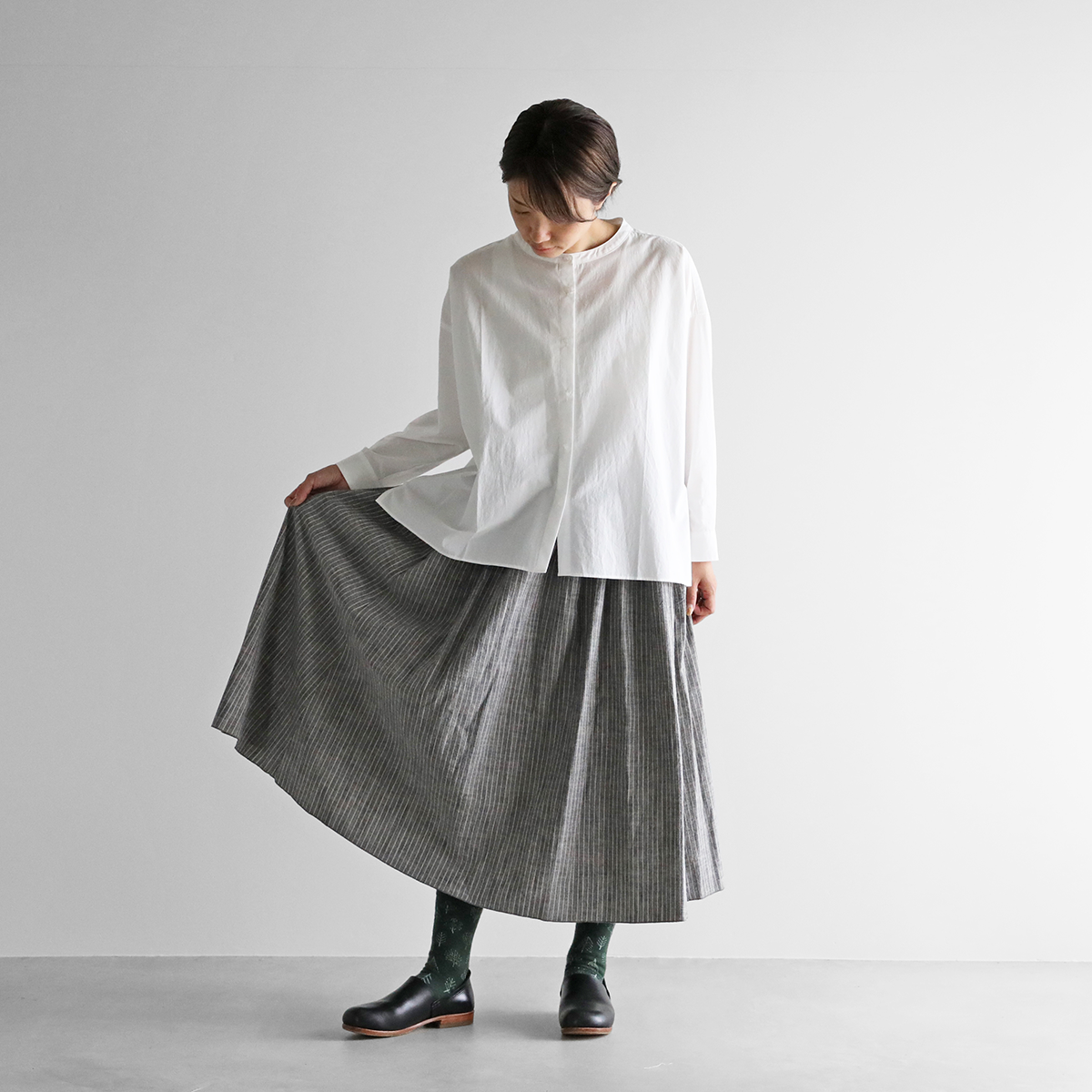 シーチングコットンロングスカート（グレーストライプ）【レディス