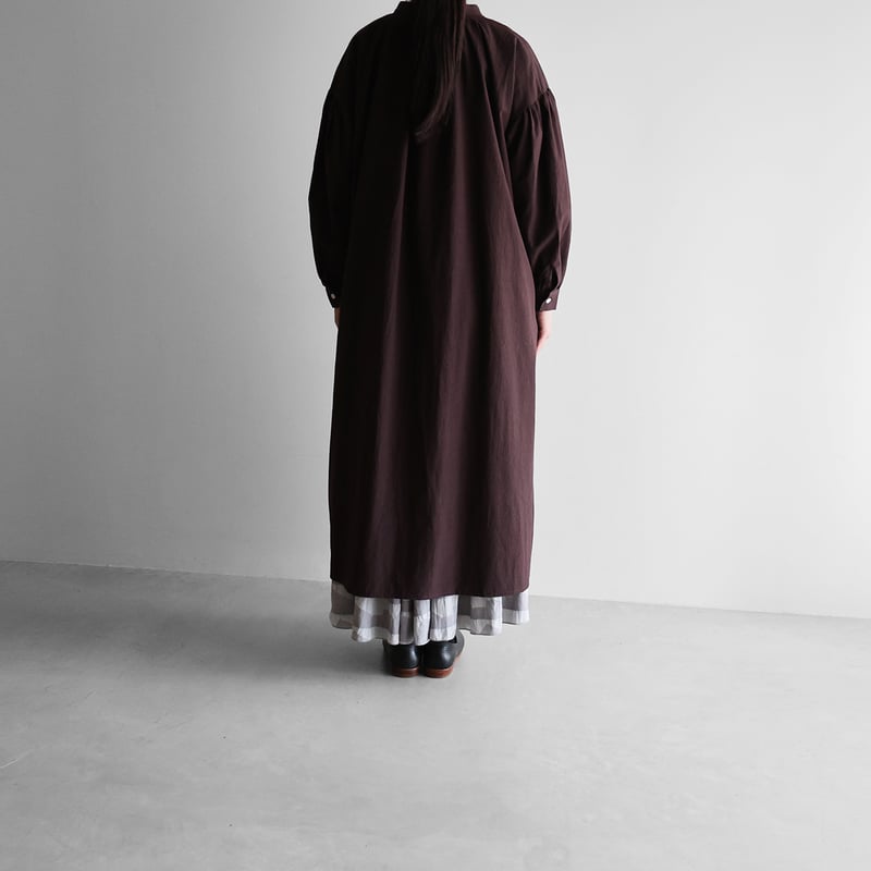 綿ウールタイプライタークロスギャザーワンピース（ボルドーブラウン