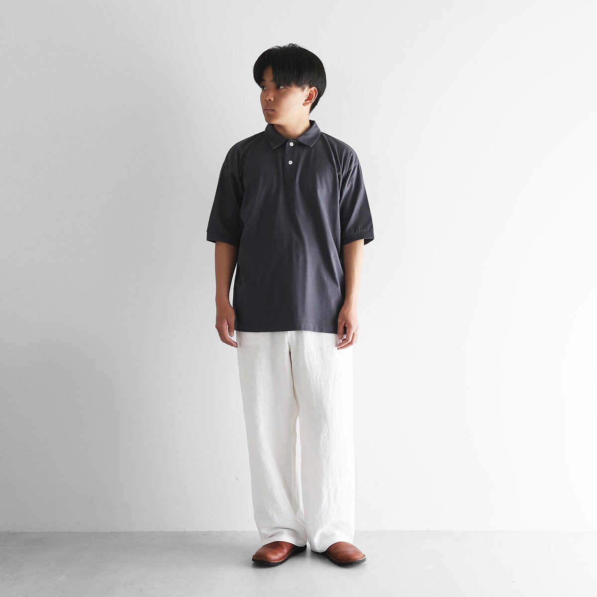HUIS in house］SUVIN COTTONビッグポロカットソー（ダークグレー）【ユ