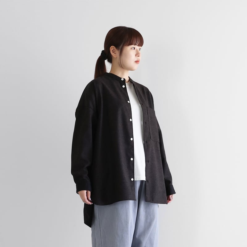 HUIS×尾州”ウールトロバンドカラーオーバーシャツ（ダークモカ）【ユニ