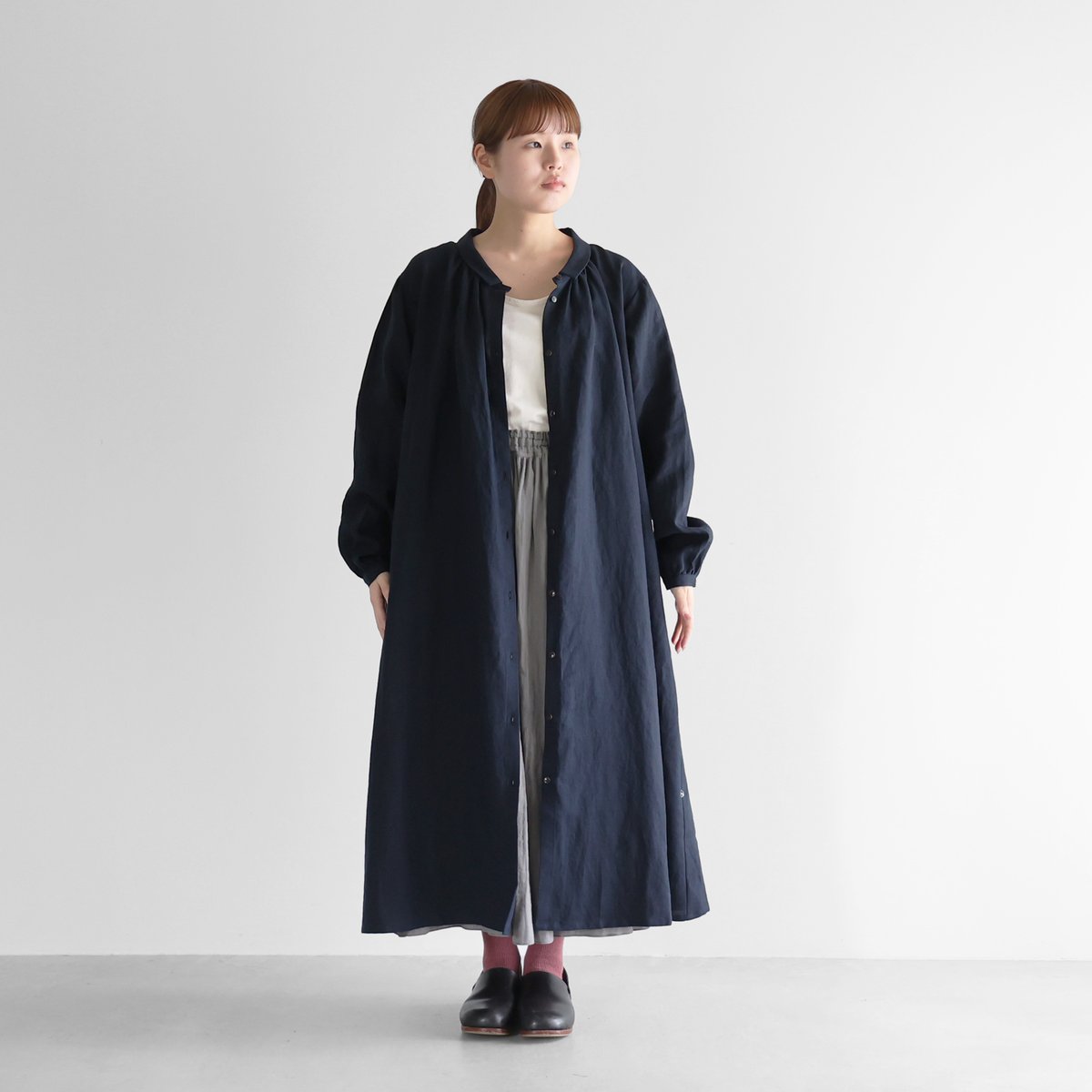 値下げしました！【BLUEFRONCE】リネンロングワンピース オールドレピアリネン前開きロングワンピース（ダークネイビー