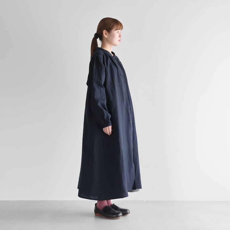 オールドレピアリネン前開きロングワンピース（ダークネイビー