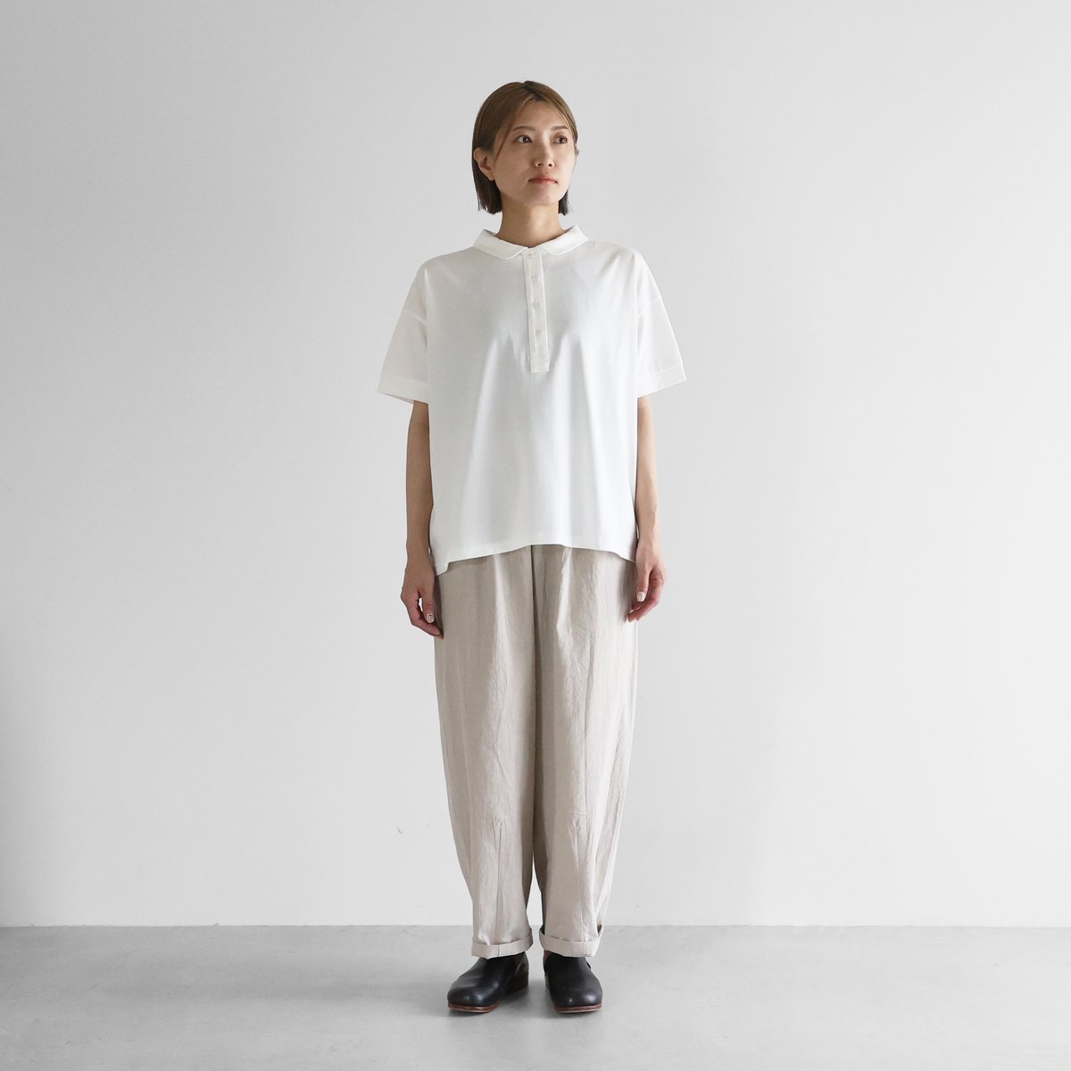 HUIS in house］SUVIN COTTON半袖ポロカットソー（ホワイト