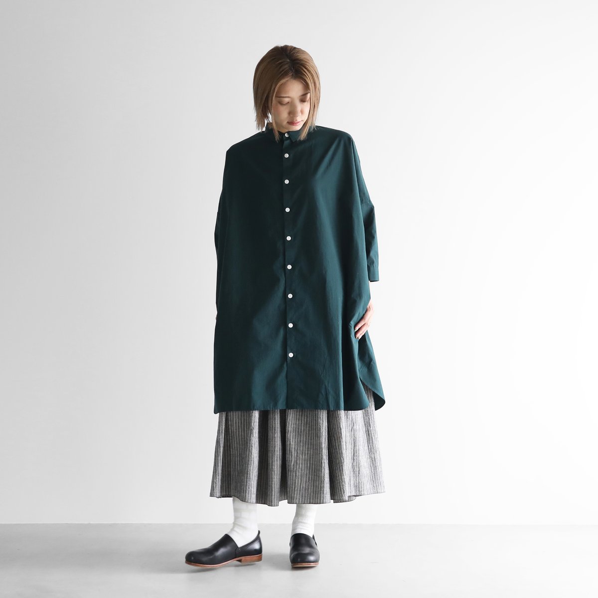 オーガニックコットンロングシャツ（ダークグリーン）【ユニセックス 