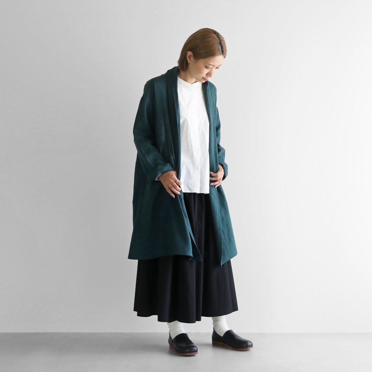 シャトルリネンロングカーディガン（ダークグリーン）【ユニセックス  