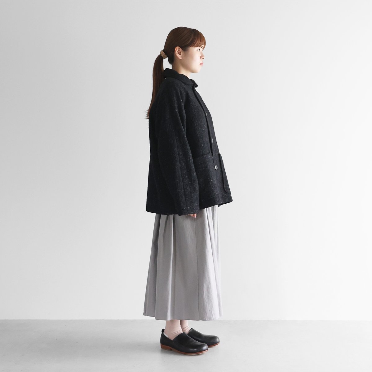 HUIS×尾州”縮絨リネンウールショートコート（ブラック）【ユニ