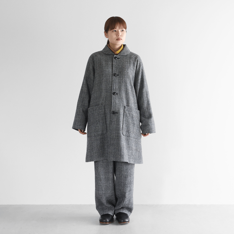 HUIS×尾州”縮絨ウールミドルコート （グレンチェック）【ユニセックス