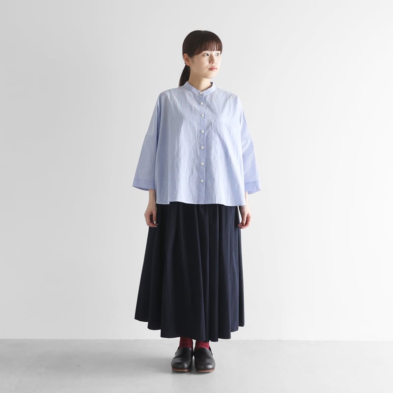 8分袖コードレーンバンドカラーブラウス（ブルー）【レディス】U112