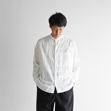 柄二重織シャトルジャガードバンドカラーオーバーシャツ（白）【ユニセックス】015