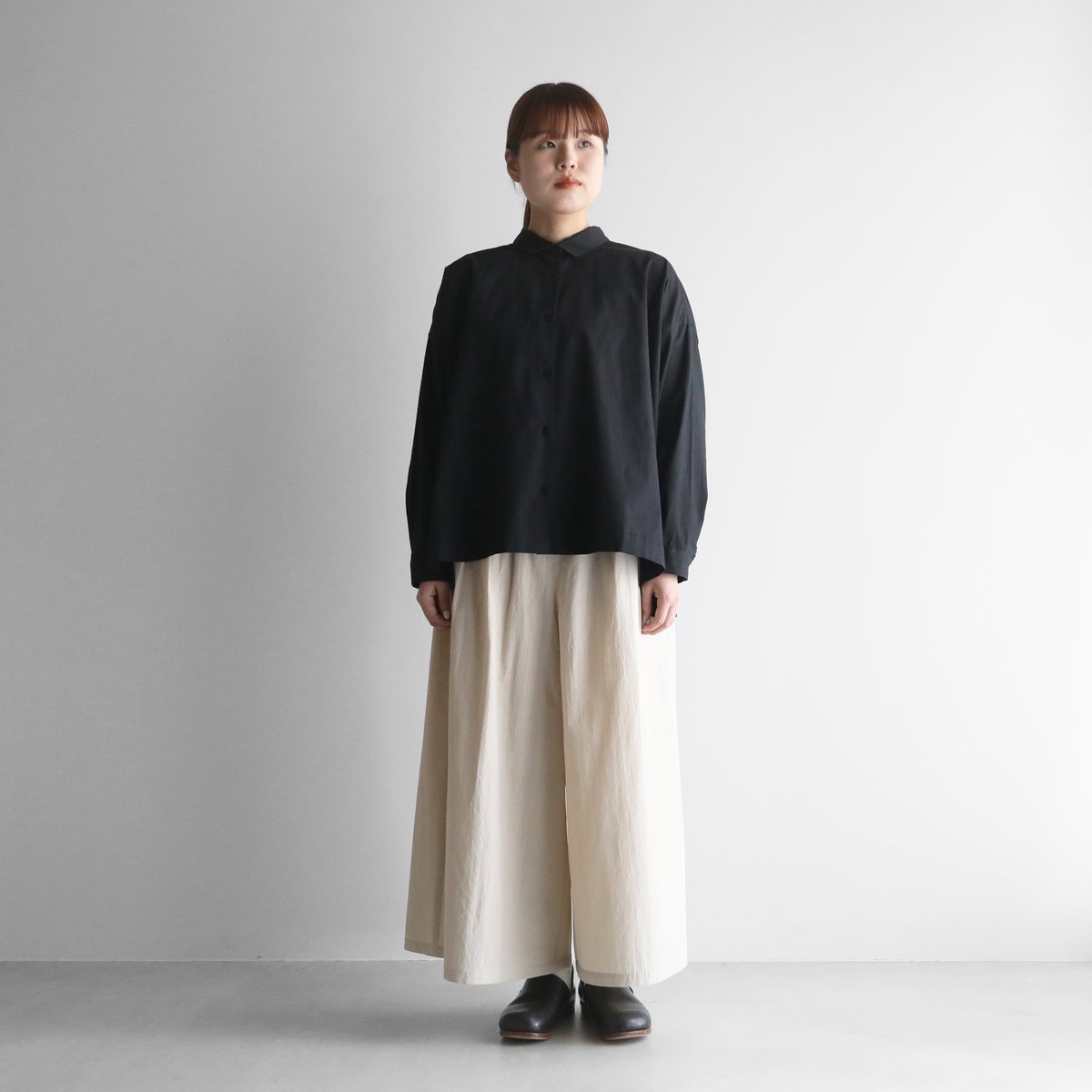 HUIS 遠州織物　シーチングコットンワイドブラウス　U105 シーチングコットンワイドブラウス（ブラック×グレー