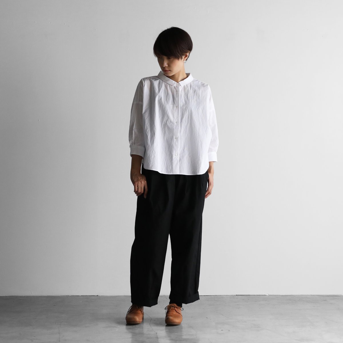 8分袖コードレーンワイドブラウス（白）【レディス】U108 | HUIS