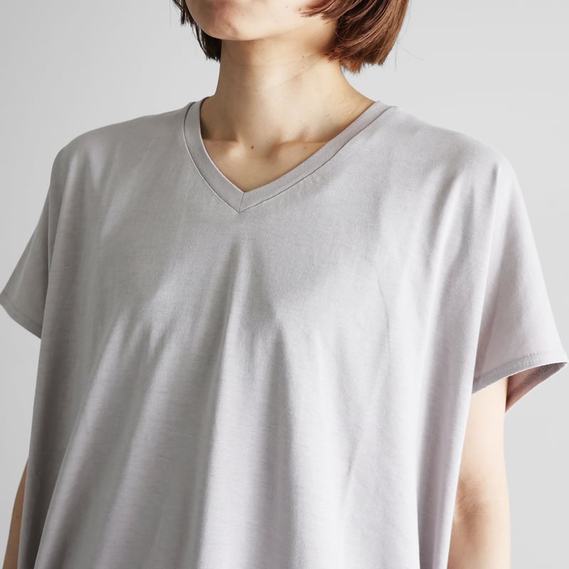 HUIS in house］綿麻天竺半袖Vネックワンピース（シルバーグレー 