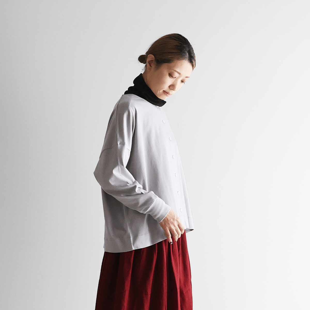 新品タグ付きHUIS/遠州織物　SUVIN COTTON 5分袖カーディガン HUIS in house］SUVIN COTTONカーディガン（シルバーグレー）【レディス