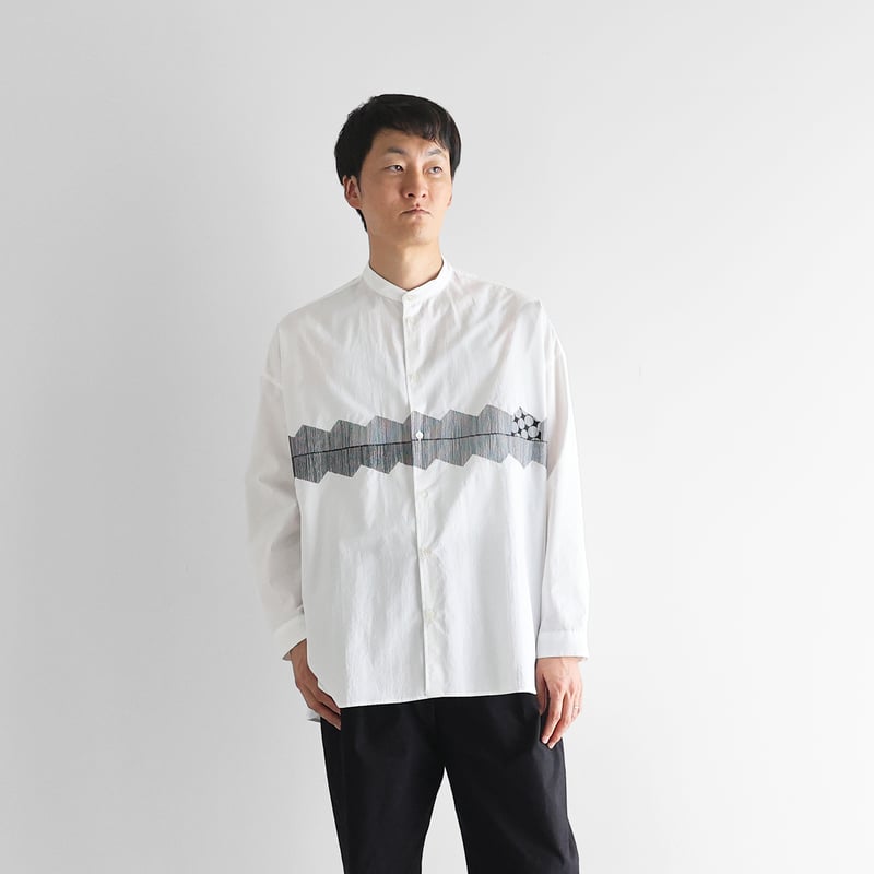 HUIS. ハウス　オーガニックコットン　バンドカラーシャツ　グレー 005オーガニックコットンバンドカラーシャツ（グレーストライプ