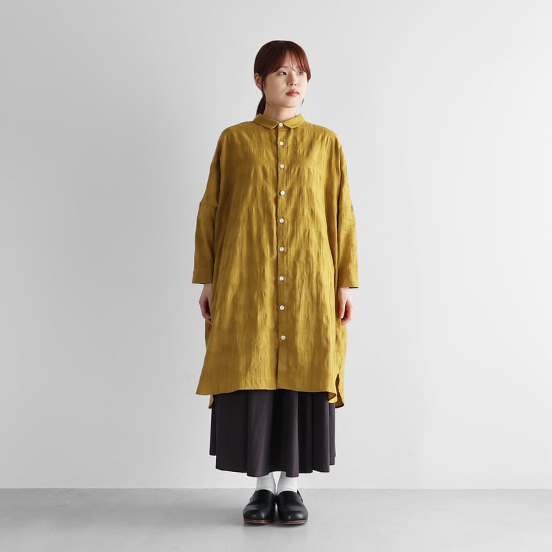 柄二重織シャトルジャガードロングシャツ(マスタード)【ユニ 柄二重織シャトルジャガードロングシャツ(マスタード)【ユニ