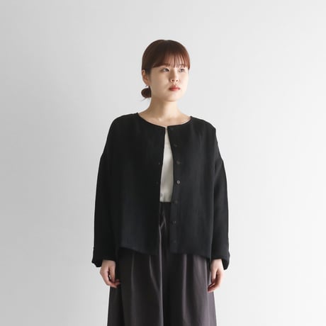 シャトルリネンジャガードショートカーディガン（ブラック）【レディス】704