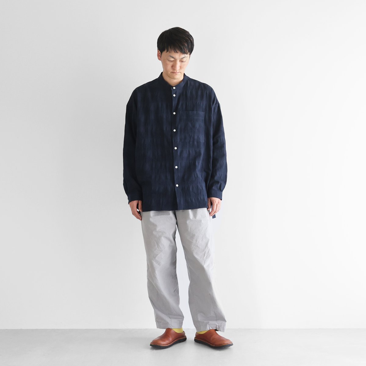 kaval プルオーバーシャツ ネイビー 柄二重織シャトルジャガードバンドカラーオーバーシャツL（ダーク