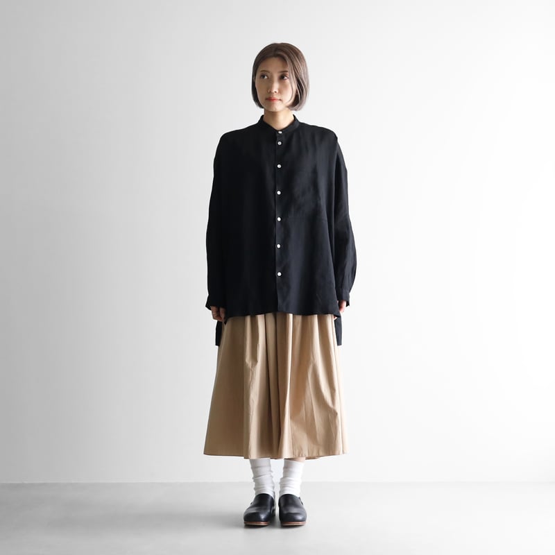 シャトルリネンバンドカラーオーバーシャツ（ブラック）【ユニセックス