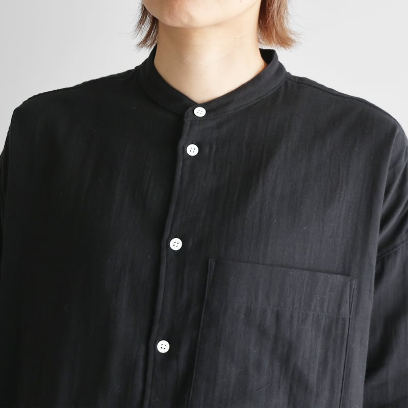 シャトルダブルガーゼバンドカラーオーバーシャツ（ブラック）【ユニ
