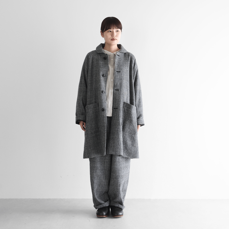 【新品】ORCIVAL✖️BEAMS 別注　ミドルコート　M フード　丸襟 HUIS×尾州”縮絨リネンウールミドルコート （グレンチェック）【ユニ