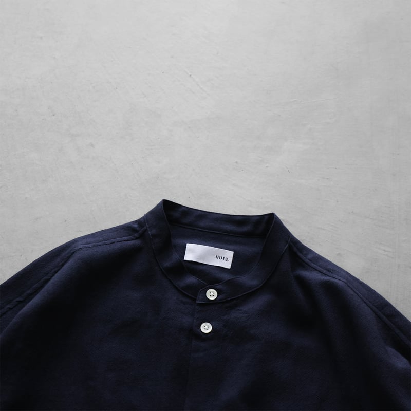 ウォッシャブルウールバンドカラーオーバーシャツ（ネイビー）【ユニ