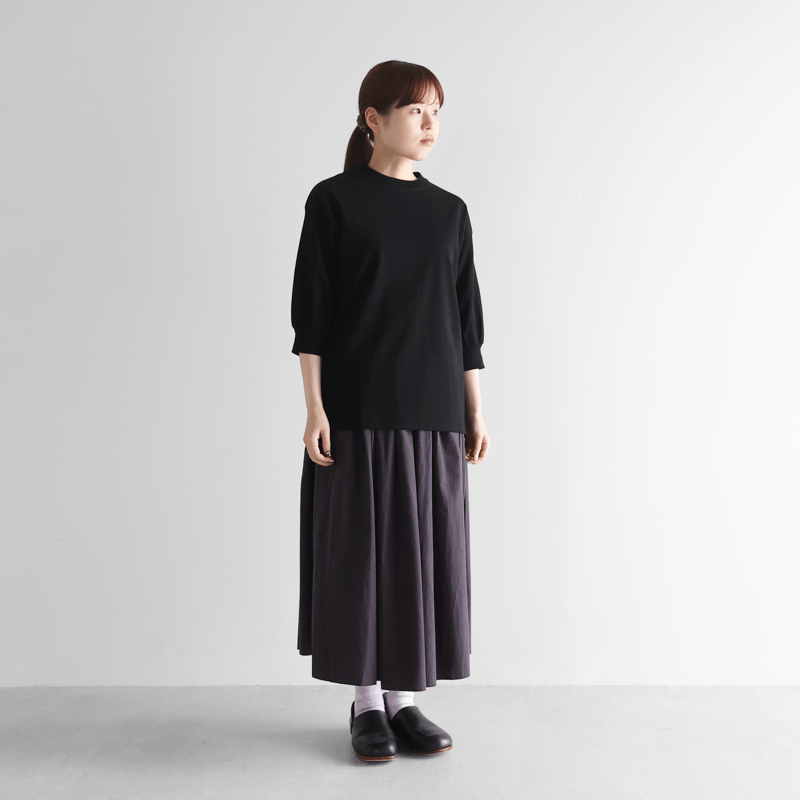 HUIS in house］綿麻天竺7分袖リブカットソー（ブラック）【レディス
