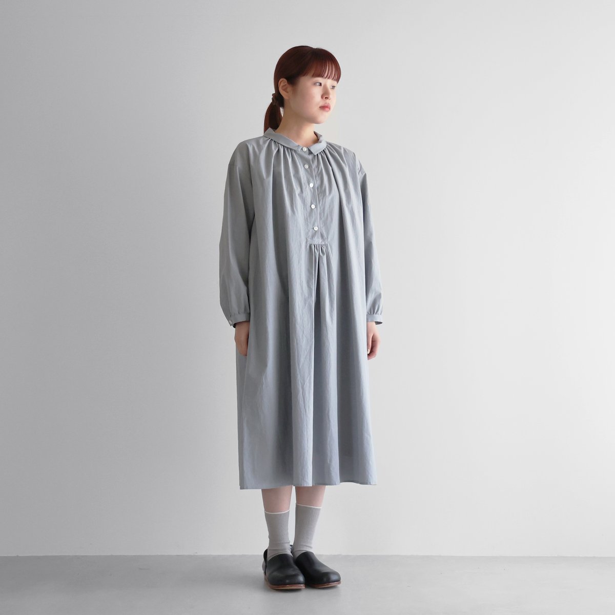 綿ウールタイプライタークロスワンピース（ブルーグレー）【レディス