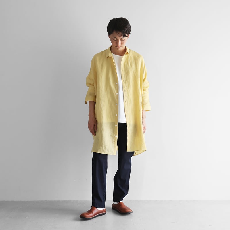新品BEARDSLEYリネン100%ロングシャツ（ライトイエロー） シャトルリネンライトロングシャツ（ペールイエロー）【ユニセックス