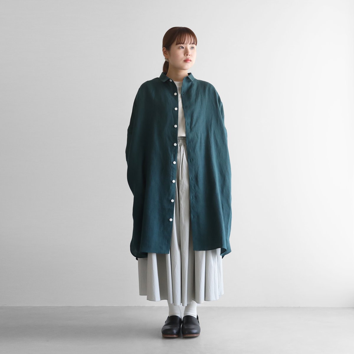 オーガニックコットンロングシャツ（ダークグリーン）【ユニセックス 