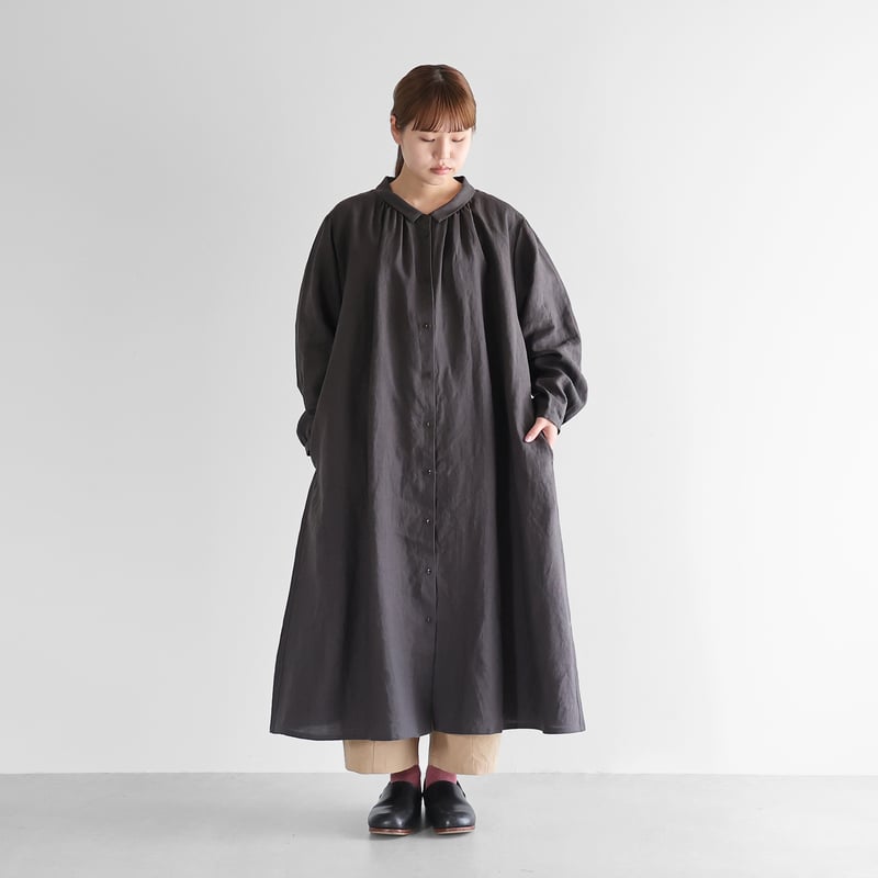 オールドレピアリネン前開きロングワンピース（チャコールグレー