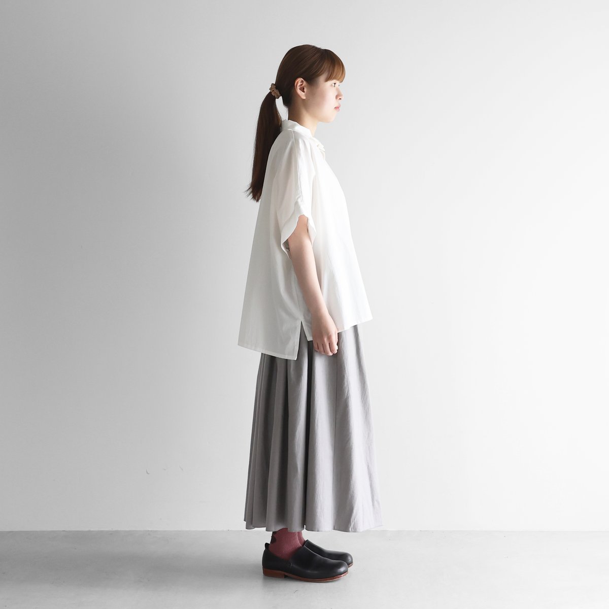 フランス綾ロングスカート（アッシュグレー）【レディス】U402 | HUIS