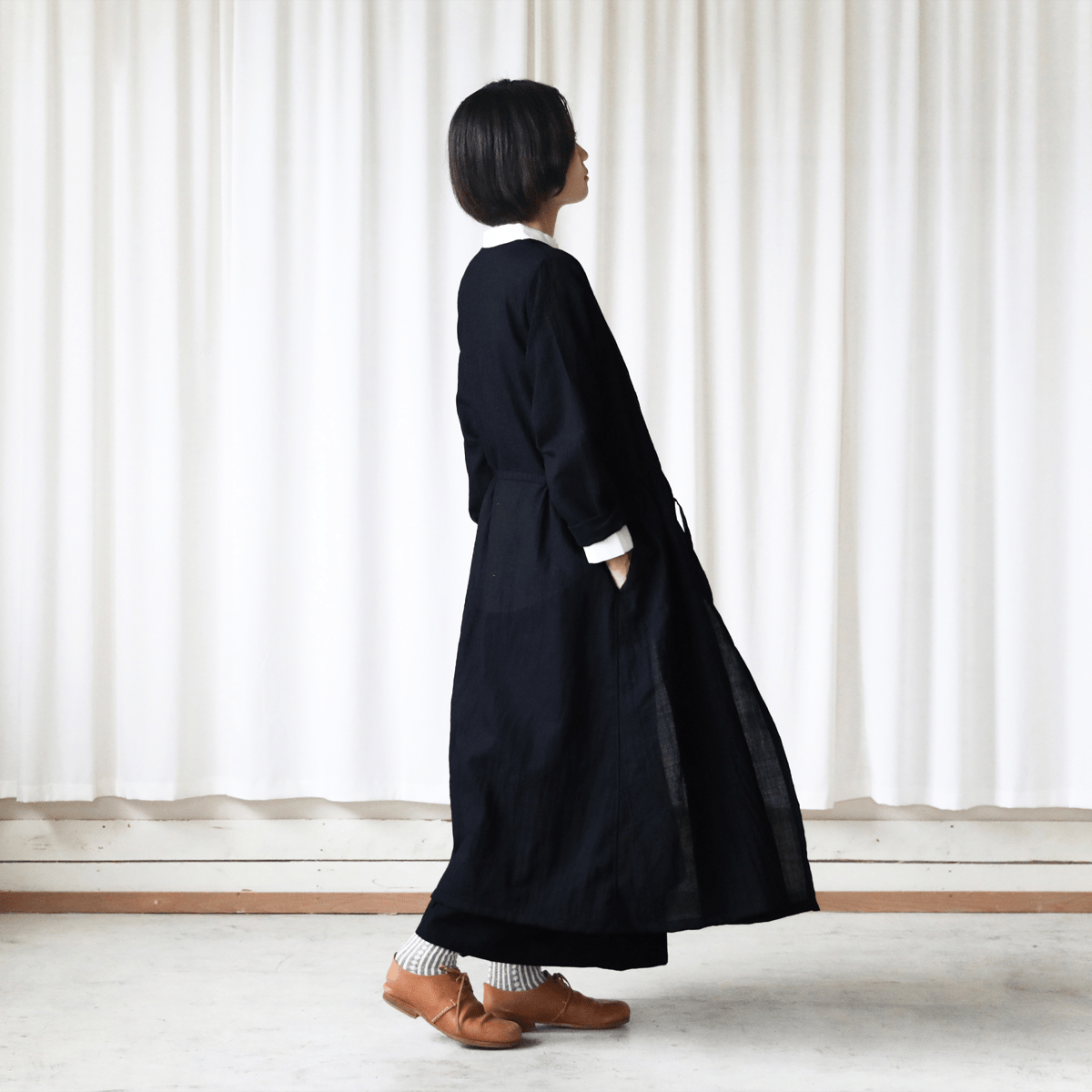 ウォッシャブルウールカシュクールワンピース（ブラック）【レディス