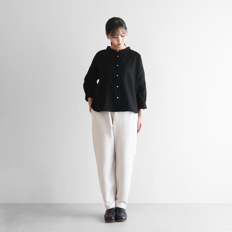 8分袖シャトルダブルガーゼワイドブラウス（ブラック）【レディス