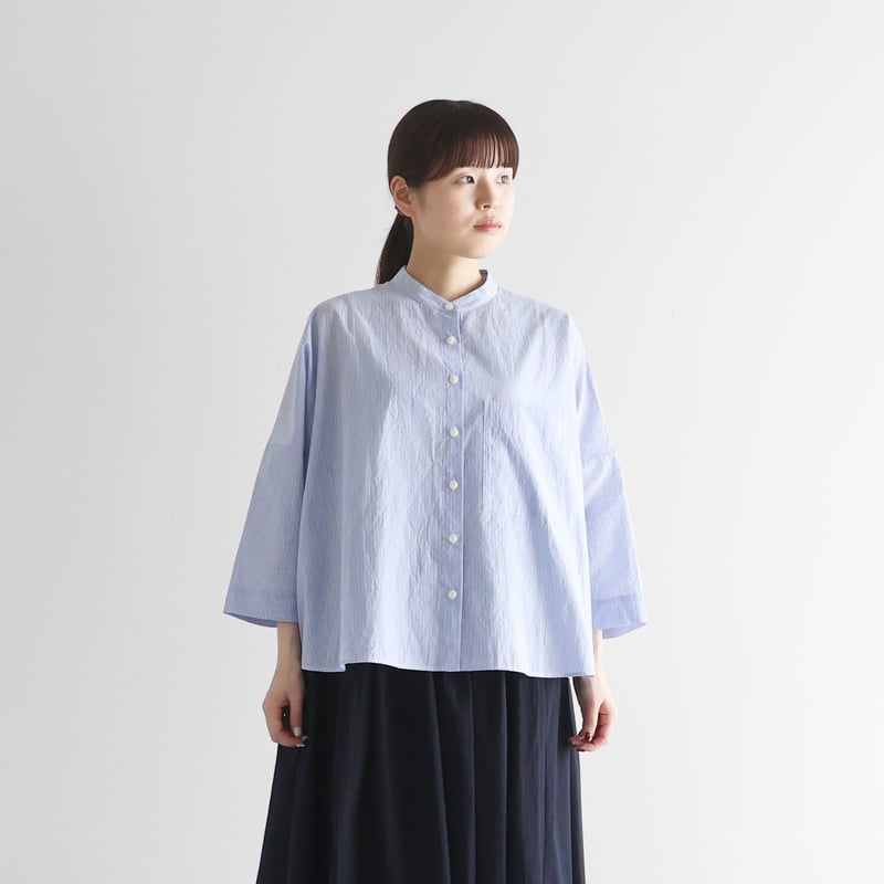 8分袖コードレーンバンドカラーブラウス（ブルー）【レディス】U112