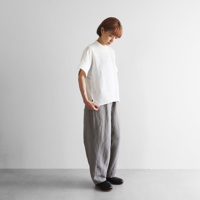 半袖シャトルリネンバンドカラーブラウス（白）【レディス】U121