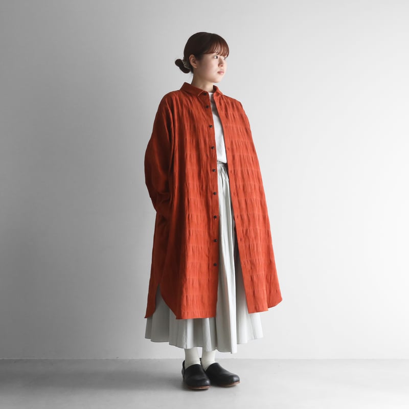 柄二重織シャトルジャガードロングシャツ(テラコッタ)【ユニ