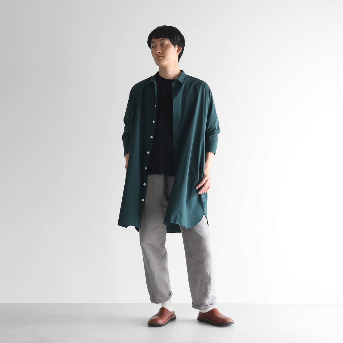 オーガニックコットンロングシャツ（ダークグリーン）【ユニセックス  