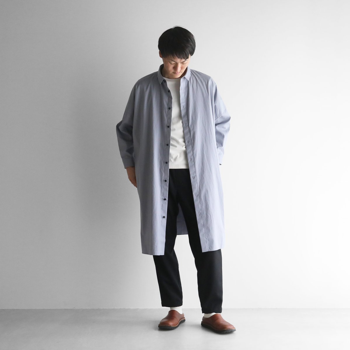 オーガニックコットンライトオックスロングシャツ（スチール