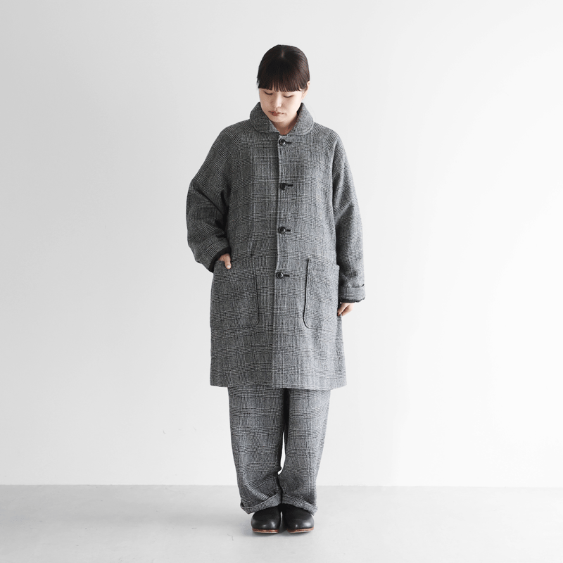 HUIS×尾州”縮絨リネンウールミドルコート （グレンチェック）【ユニ