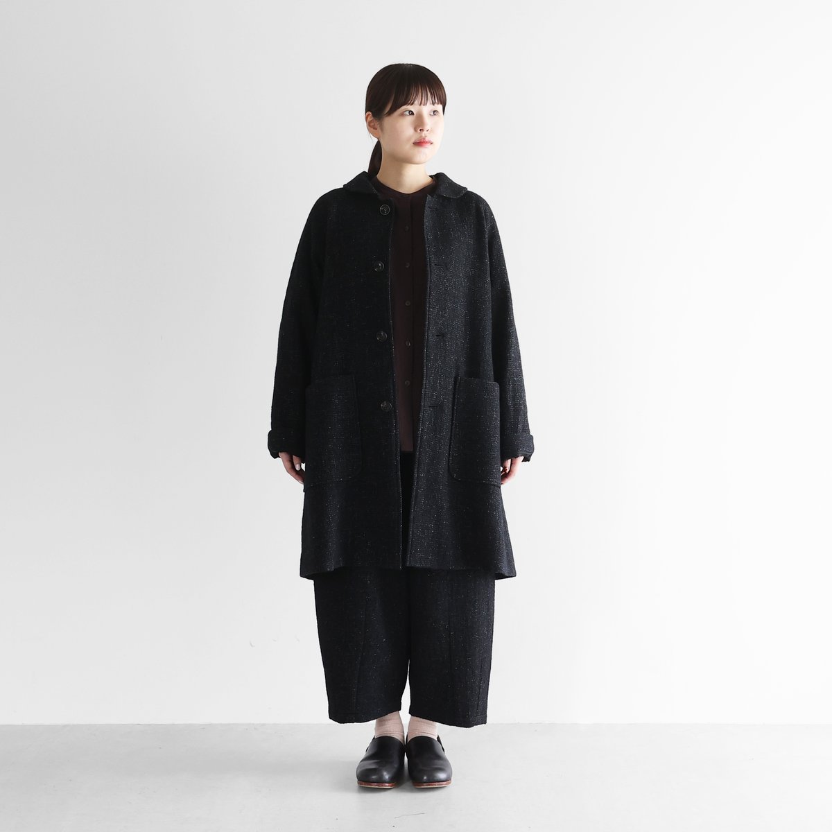 HUIS×尾州”縮絨リネンウールミドルコート （ブラック）【ユニセックス