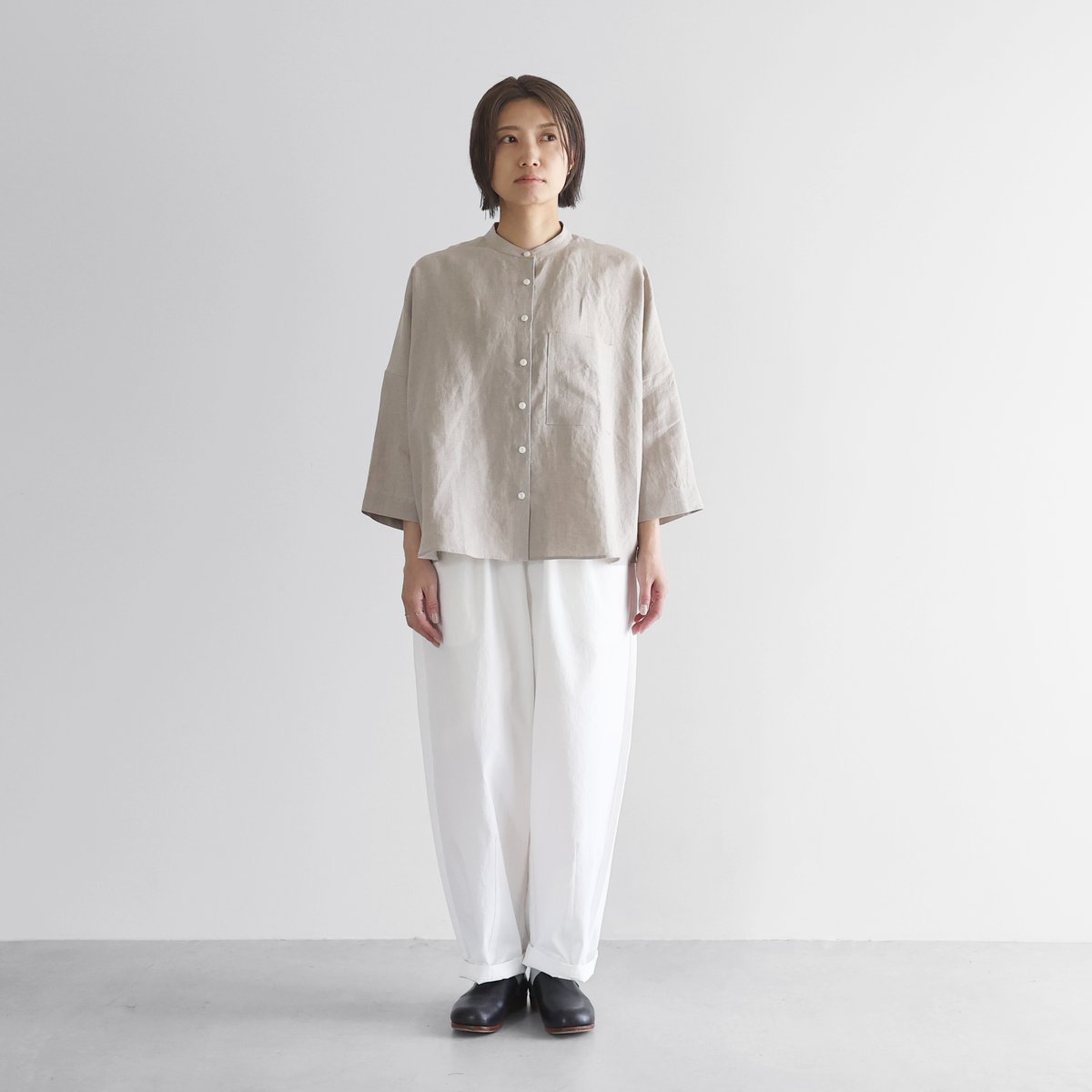 8分袖オールドレピアリネンバンドカラーブラウス（きなり）【レディス