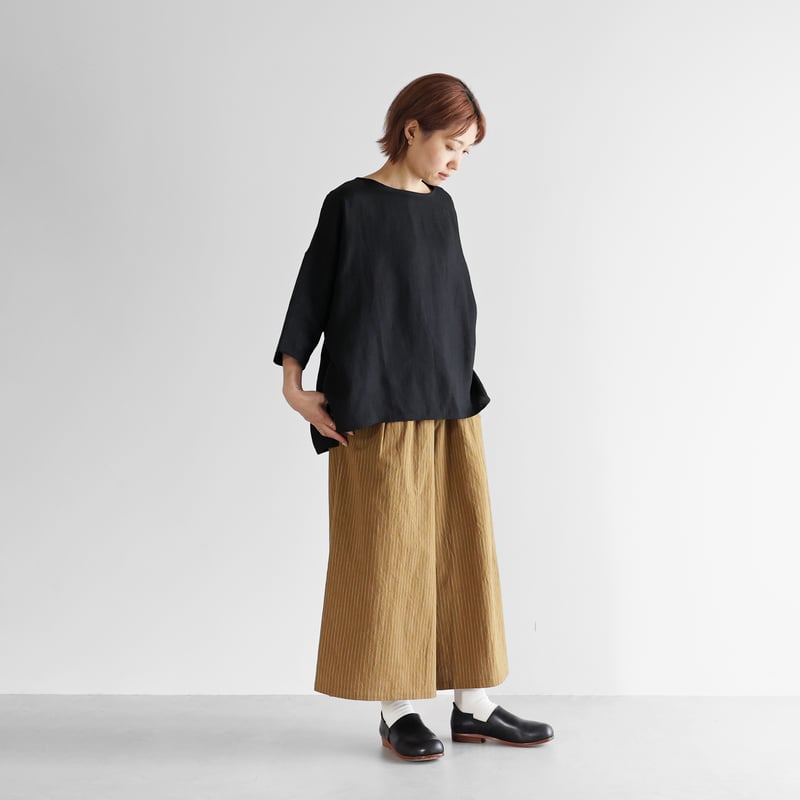 やわらかシーチングコットンスカートパンツ（ブラウンストライプ