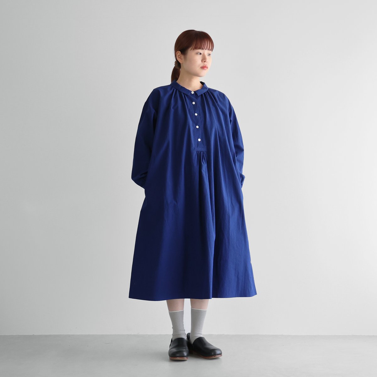 綿ウールタイプライタークロスワンピース（サファイア）【レディス