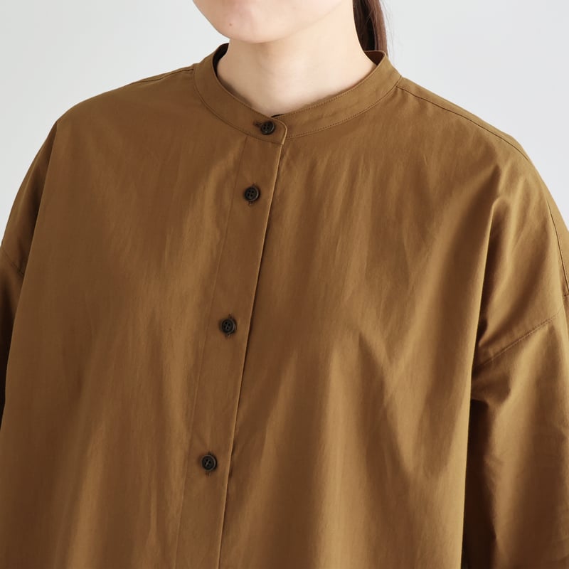 美品 ティッカ ウールロングシャツ チュニック 長袖 ワンピース 秋 キャメル オーガニックコットンバンドカラーシャツロングワンピース