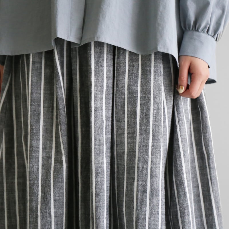 シーチングコットンロングスカート（グレー×白）【レディス】U402  