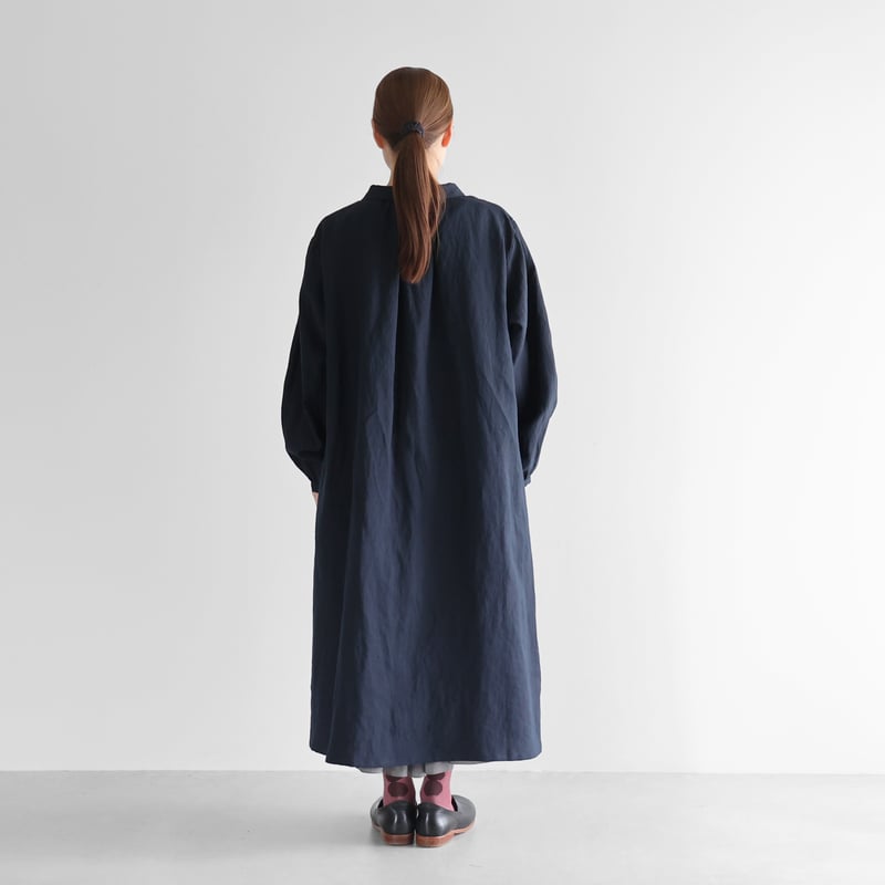 オールドレピアリネン前開きロングワンピース（ダークネイビー